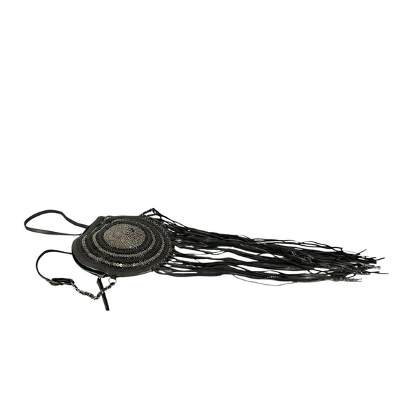 LILLA LANE Thora Moss Sumba Dreamcather Round Grey Leather Bag Fringes Silver - Picture 6 of 9